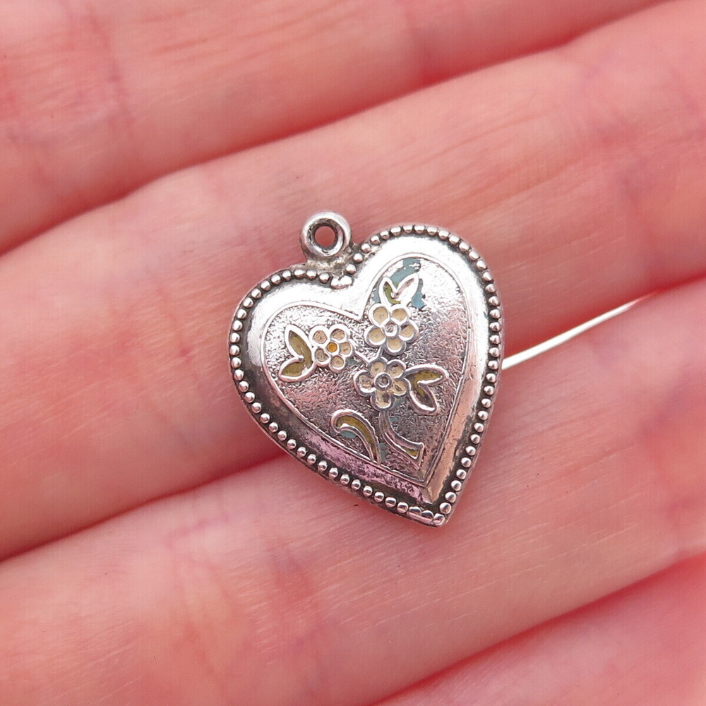 925 Sterling Silver Antique Art Deco Enamel Floral Heart Chatelaine Pendant